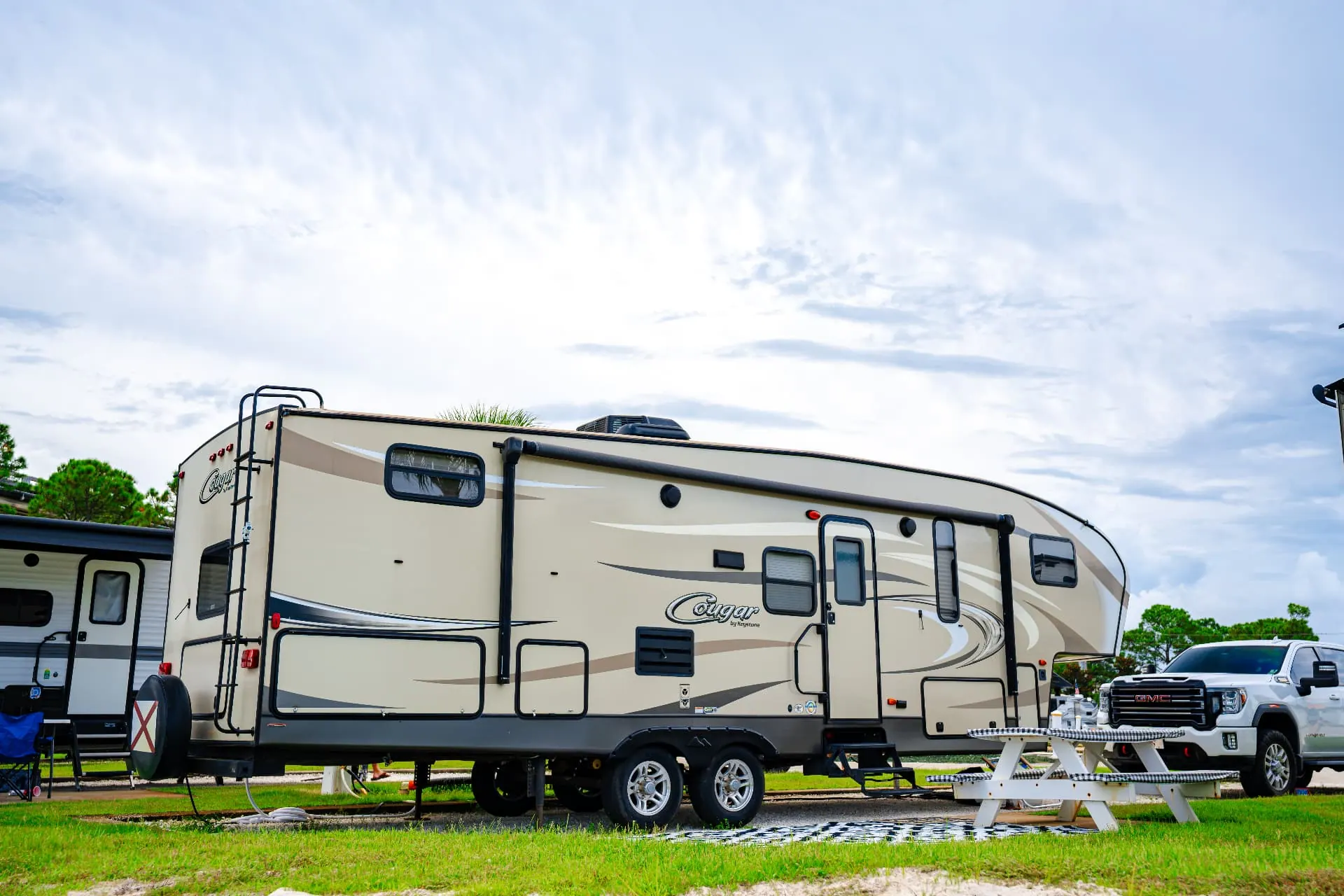 Fifth-wheel RV at a full-hookup site with 30/50A power