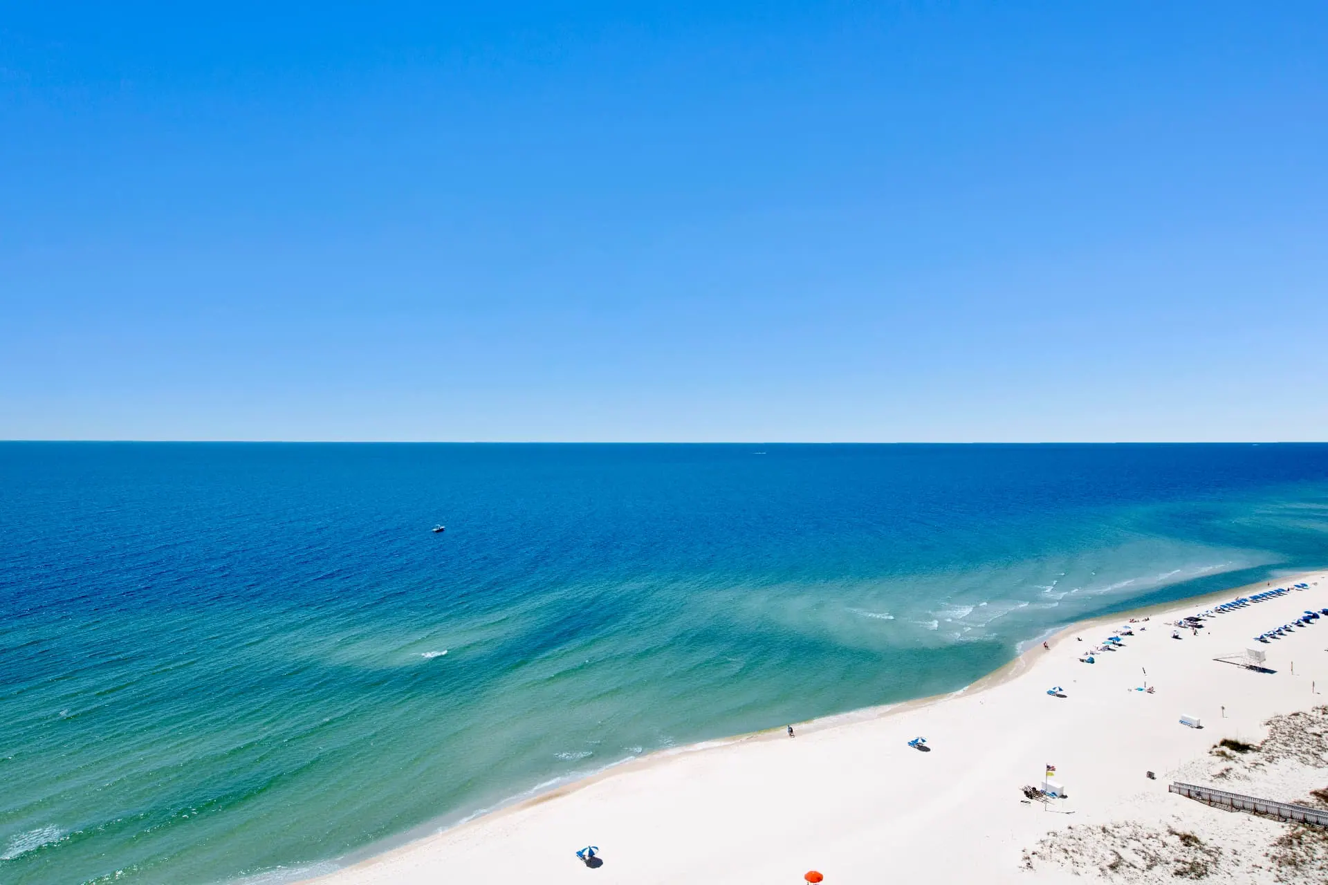 Aerial view of Perdido Key beach with white sand and turquoise Gulf waters