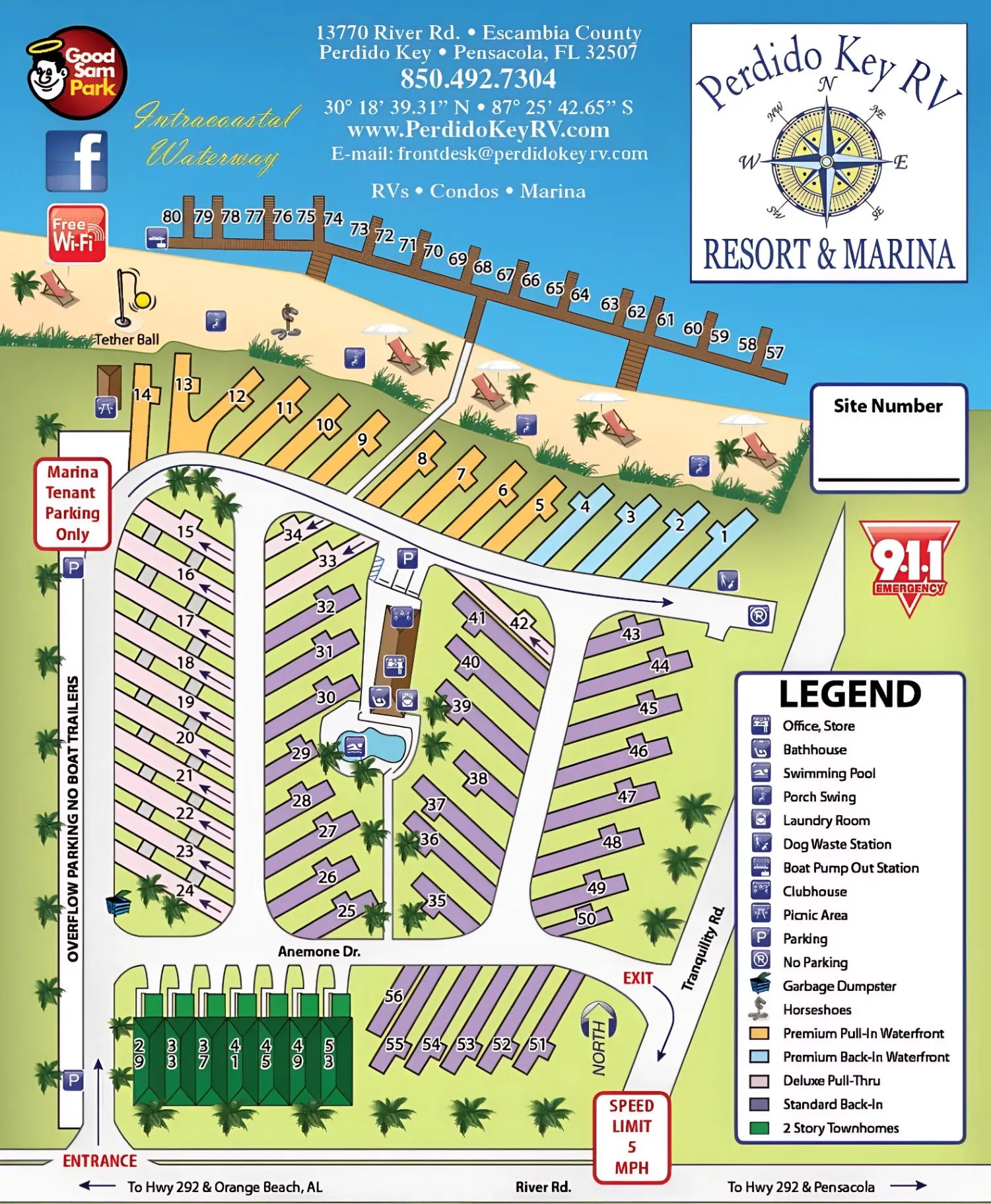 Perdido Key RV Resort & Marina property map showing all RV sites, marina slips, condos, and amenities